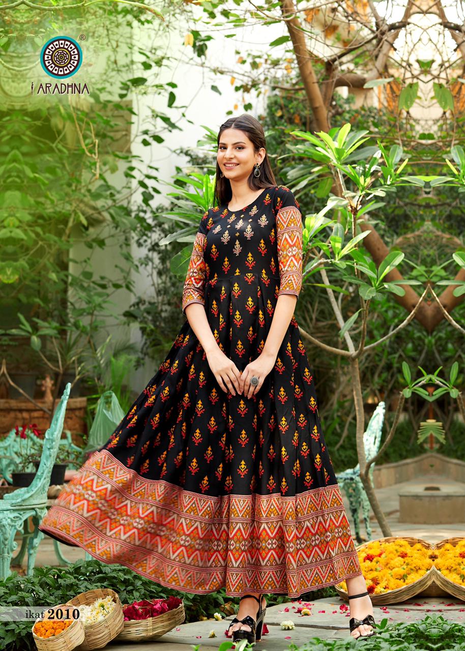 Aradhna Ikat 2 Heavy Rayon Designer Printed  Anarkali Long Kurti Collection